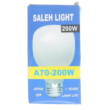 Saleh Light 200W bulb packaging with blue and yellow design