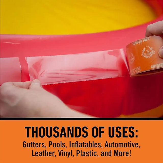 Person applying Gorilla Glue to a pool with text about product uses.