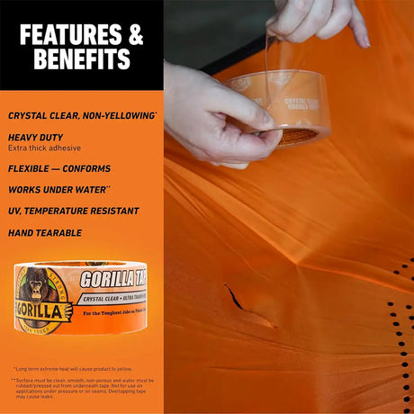 Gorilla Glue container with application on orange fabric, featuring features and benefits text.