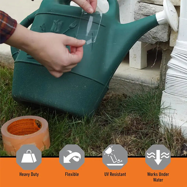 Person holding a green watering can with text indicating features like heavy duty, flexible, UV resistant, and works under water.