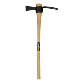 Gardening mattock with wooden handle and black head on a white background