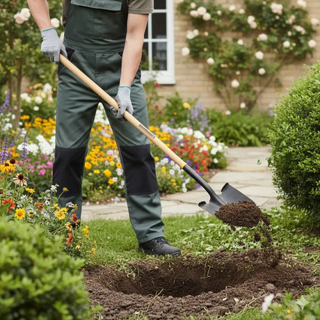 Person gardening with a shovel in a flower garden