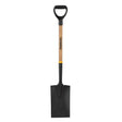Black spade with a wooden handle on a white background