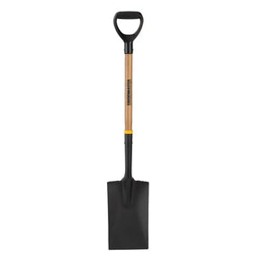 Black spade with a wooden handle on a white background