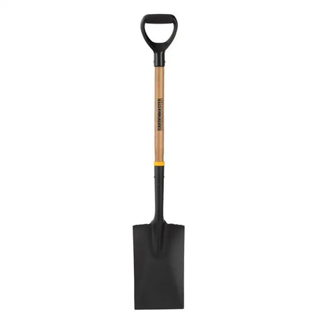 Black spade with a wooden handle on a white background