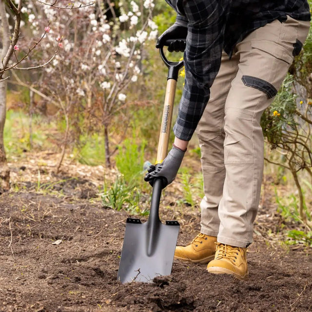 Person holding a spade in a garden setting with trees and plants in the background