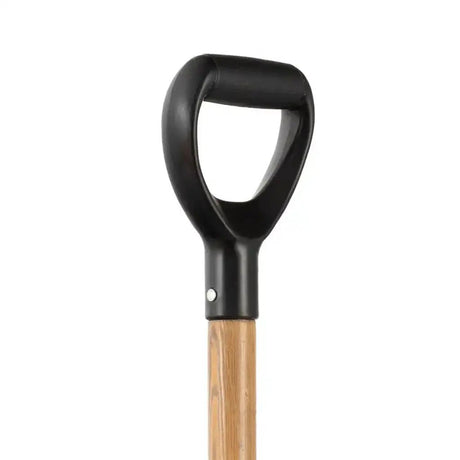 Gardening tool with black D-shaped handle and wooden shaft on a white background