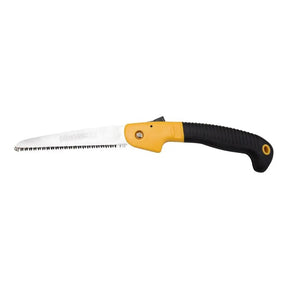Folding saw with yellow handle and black blade on a white background