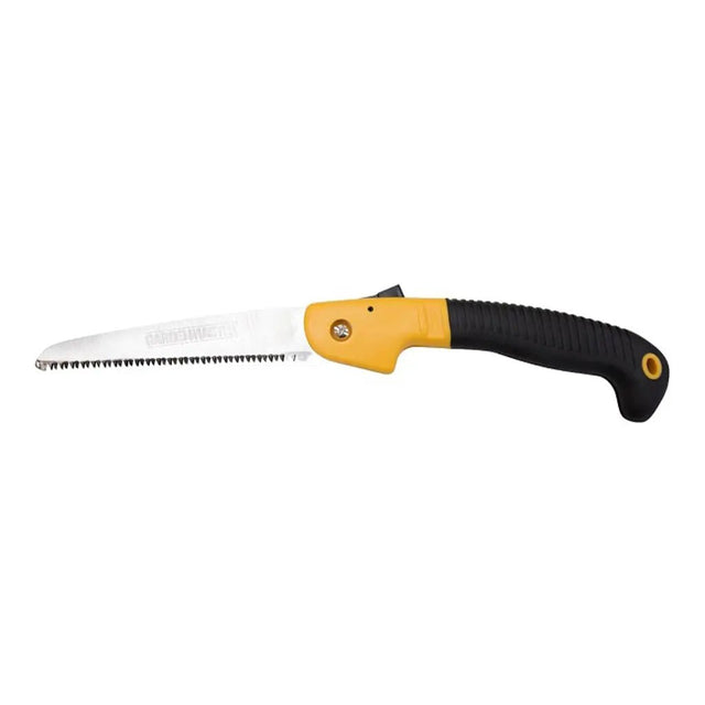 Folding saw with yellow handle and black blade on a white background