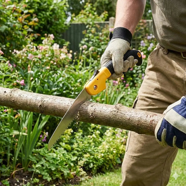 Person using a foldable pruning saw to cut a branch in a garden setting
