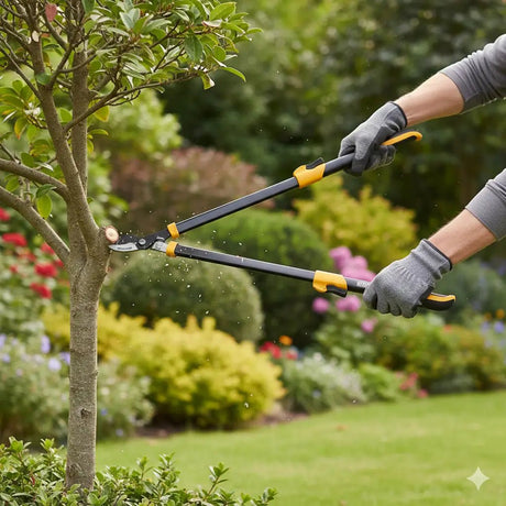 Person using garden shears to trim a tree in a garden setting