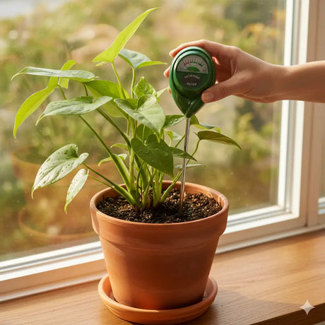 Person using a moisture meter on a potted plant indoors.