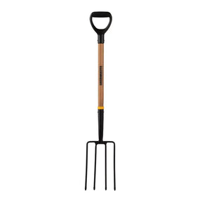 Gardening fork with wooden handle on a white background