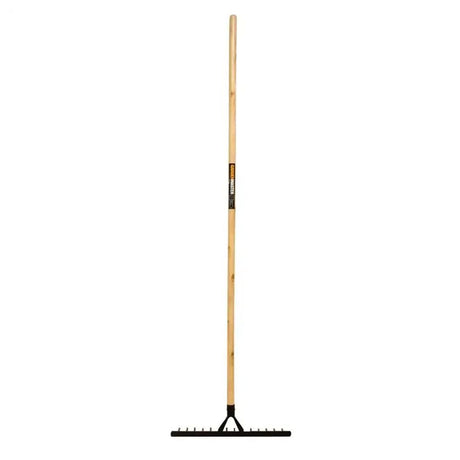 Rake with wooden handle on a white background