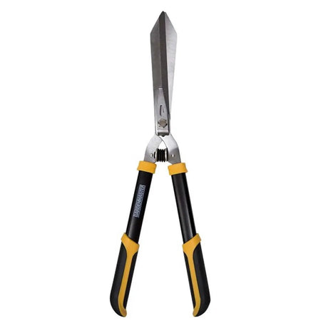garden shear with black and yellow handle on white background