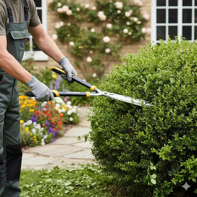 person use garden shear cut plant in garden