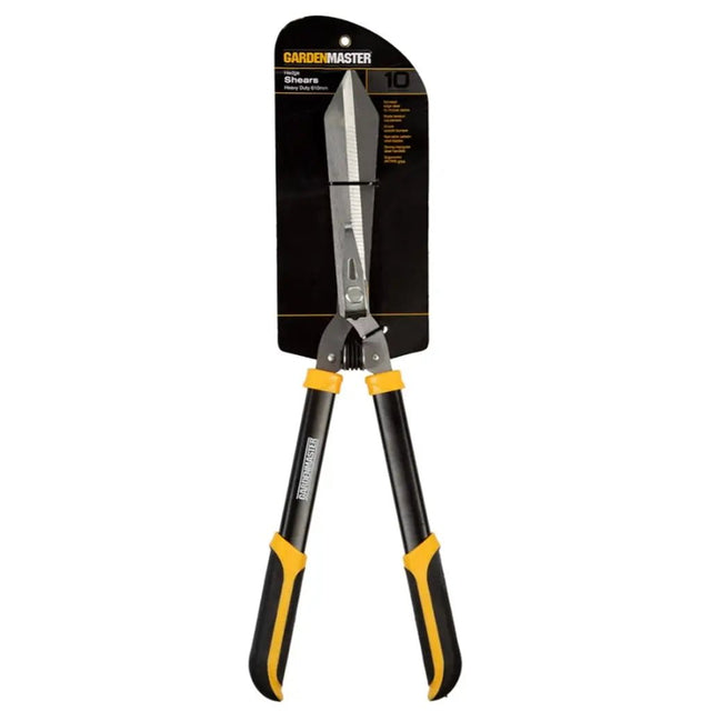 Gardening shears with black and yellow handles on a white background