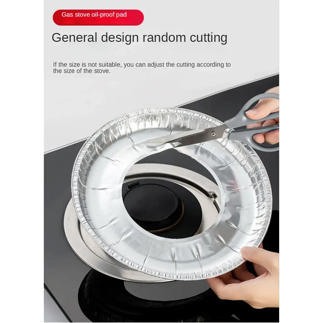 Aluminum foil pad being cut to fit a gas stove with text on a white background