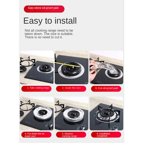 Step-by-step guide on installing a gas stove oil-proof pad with images and text.