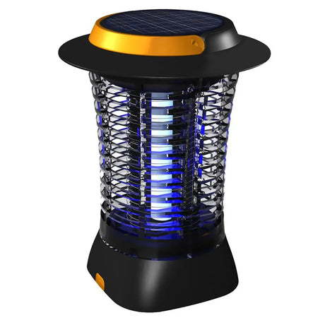 Solar-powered mosquito zapper with blue light on a white background