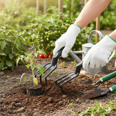 Person gardening with culticator and plants in a garden setting