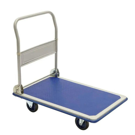 Blue platform cart with a white frame on a white background