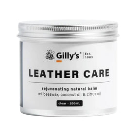 Gilly's leather care balm jar with white label on a white background