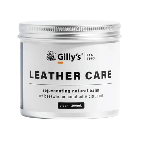 Gilly's leather care balm jar with white label on a white background