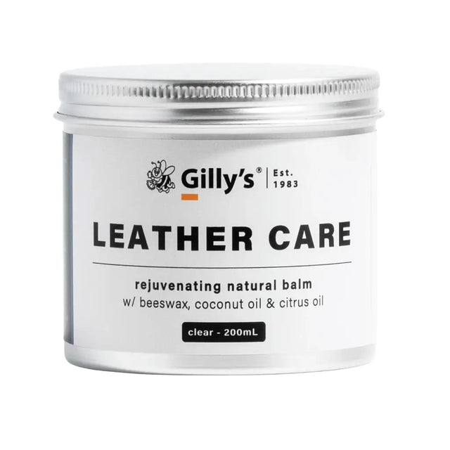 Gilly's leather care balm jar with white label on a white background