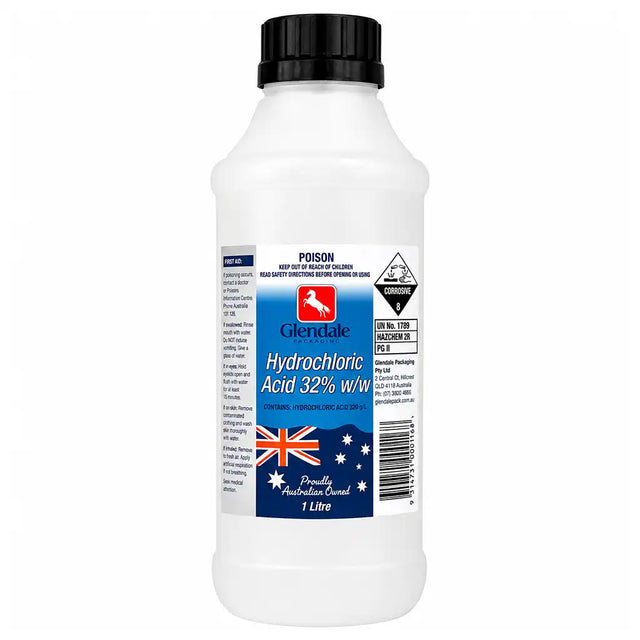 A 1 litre white plastic bottle of Glendale Hydrochloric Acid 32% w/w with a black cap, shown on a plain white background.