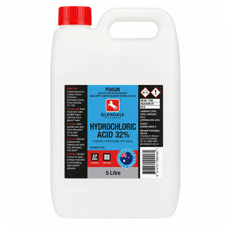 A 5 litre white plastic jug of Glendale pH 3.2 Hydrochloric Acid with a red cap and a blue, black, and white product label.