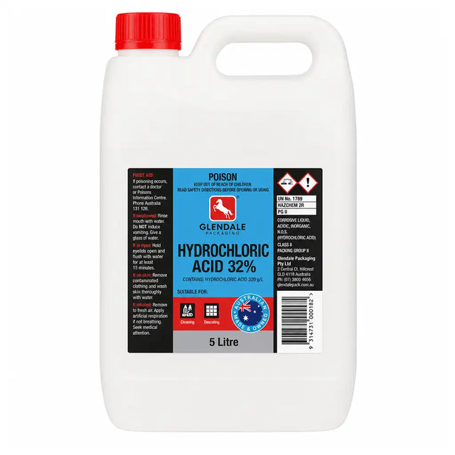 A 5 litre white plastic jug of Glendale pH 3.2 Hydrochloric Acid with a red cap and a blue, black, and white product label.