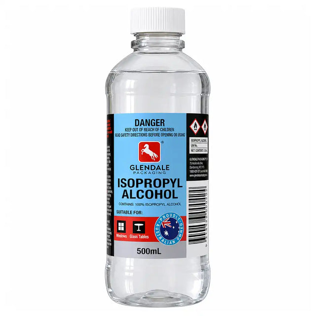 A 500mL clear plastic bottle of Glendale Isopropyl Alcohol with a white cap and a blue, black, and red label, shown on a plain white background.