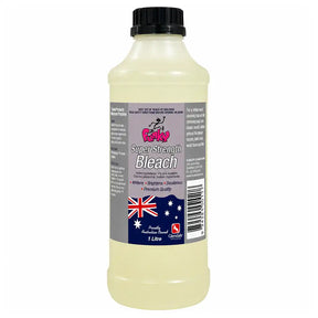 A 1 litre plastic bottle of Felicity Super Strength Bleach containing a pale yellow liquid, with a black cap and a grey label featuring an Australian flag.