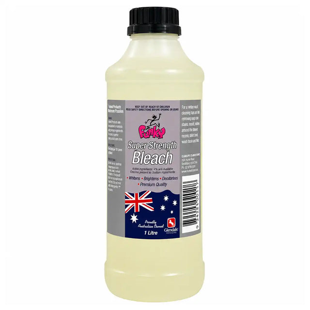 A 1 litre plastic bottle of Felicity Super Strength Bleach containing a pale yellow liquid, with a black cap and a grey label featuring an Australian flag.