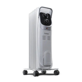 White oil-filled radiator with digital display on a white background