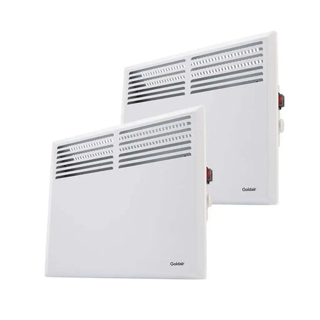Two white wall-mounted electric heaters with 'Goldair' branding on a white background