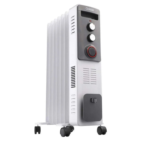 Oil-filled radiator heater with control panel on a white background