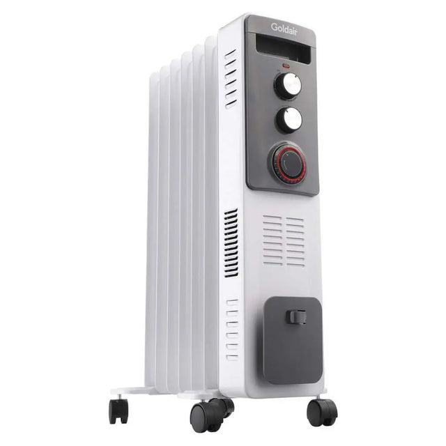 Oil-filled radiator heater with control panel on a white background