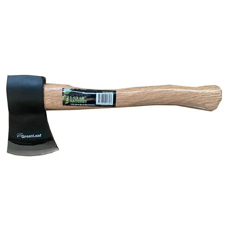 Wooden-handled axe with a black head on a white background, featuring the GreenLeaf brand.