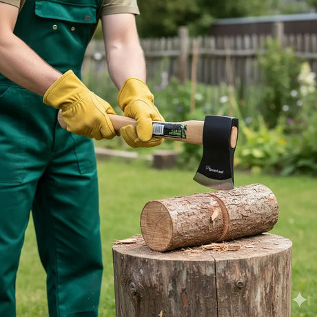 Person in green overalls and yellow gloves using an axe on a log outdoors.