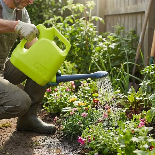 Person watering plants with a bright green watering can in a garden.