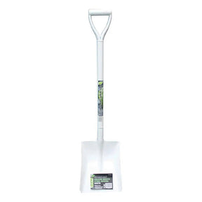 White garden shovel with a D-shaped handle on a white background