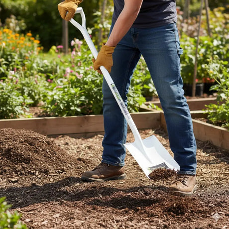 Person gardening with a shovel in a garden setting