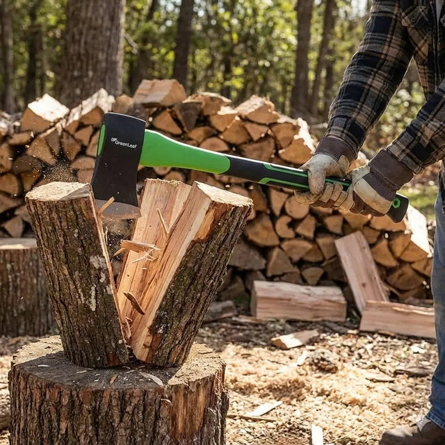 Person chopping wood with a axe in a forest setting