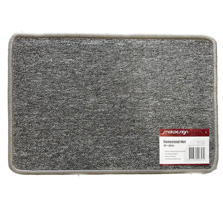 Gray doormat with a brand label on a white background