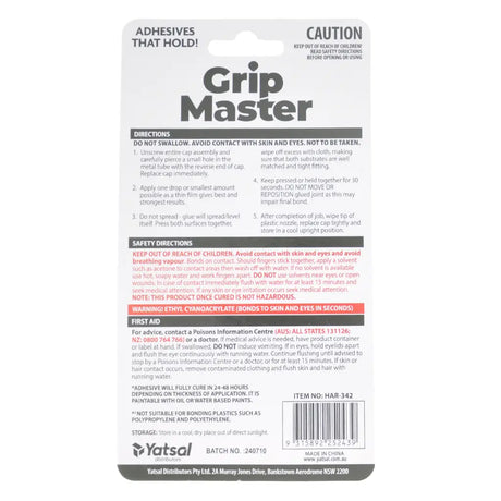 Grip Master product packaging with safety and usage instructions on a white background