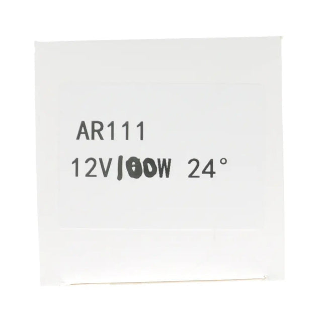 White card with black text 'AR111 12V 100W 24°' on a white background