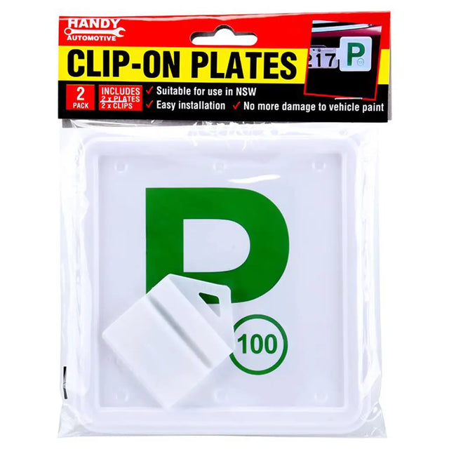 Packaged clip-on plates with green 'P' and white '100' on a white background
