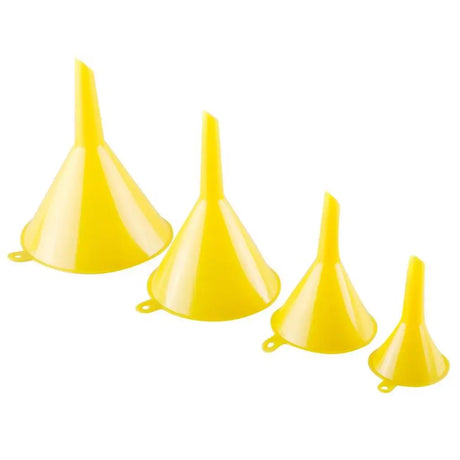 Four yellow plastic funnels on a white background
